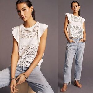By Anthropologie Sustainable Embroidered Eyelet Lace Boho White Feminine Tank